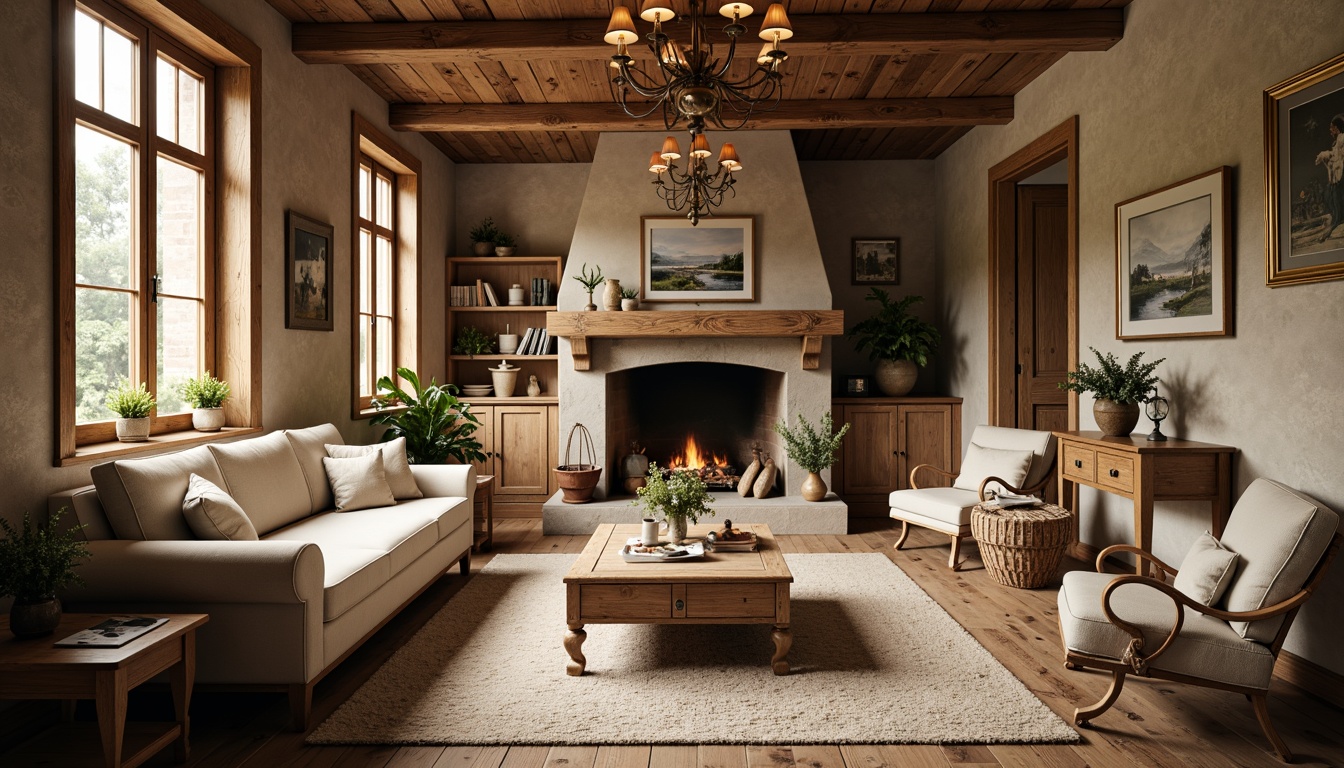 Prompt: Rustic French country cottage, distressed wood furniture, soft cream upholstery, ornate carvings, natural linen fabrics, vintage accessories, elegant chandeliers, stone fireplace, earthy color palette, worn wooden floors, plush area rugs, romantic ambiance, warm golden lighting, 1/2 composition, intimate setting, realistic textures, subtle shadowing.