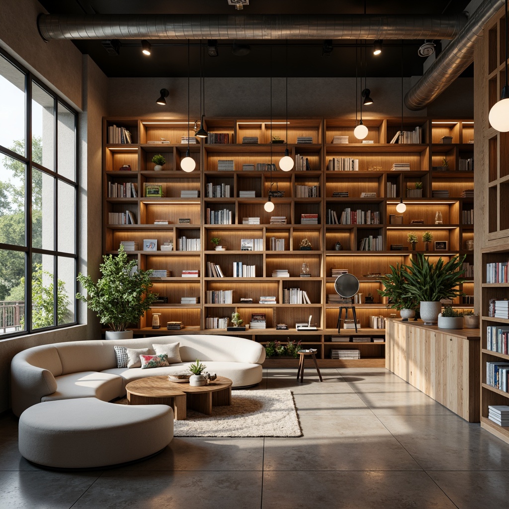 Prompt: Understated bookstore, minimalistic wooden shelves, soft warm lighting, elegant pendant lamps, cozy reading nooks, comfortable sofas, neutral color palette, natural textures, industrial-chic concrete floors, floor-to-ceiling windows, abundant natural light, subtle shadows, 1/2 composition, shallow depth of field, realistic rendering.