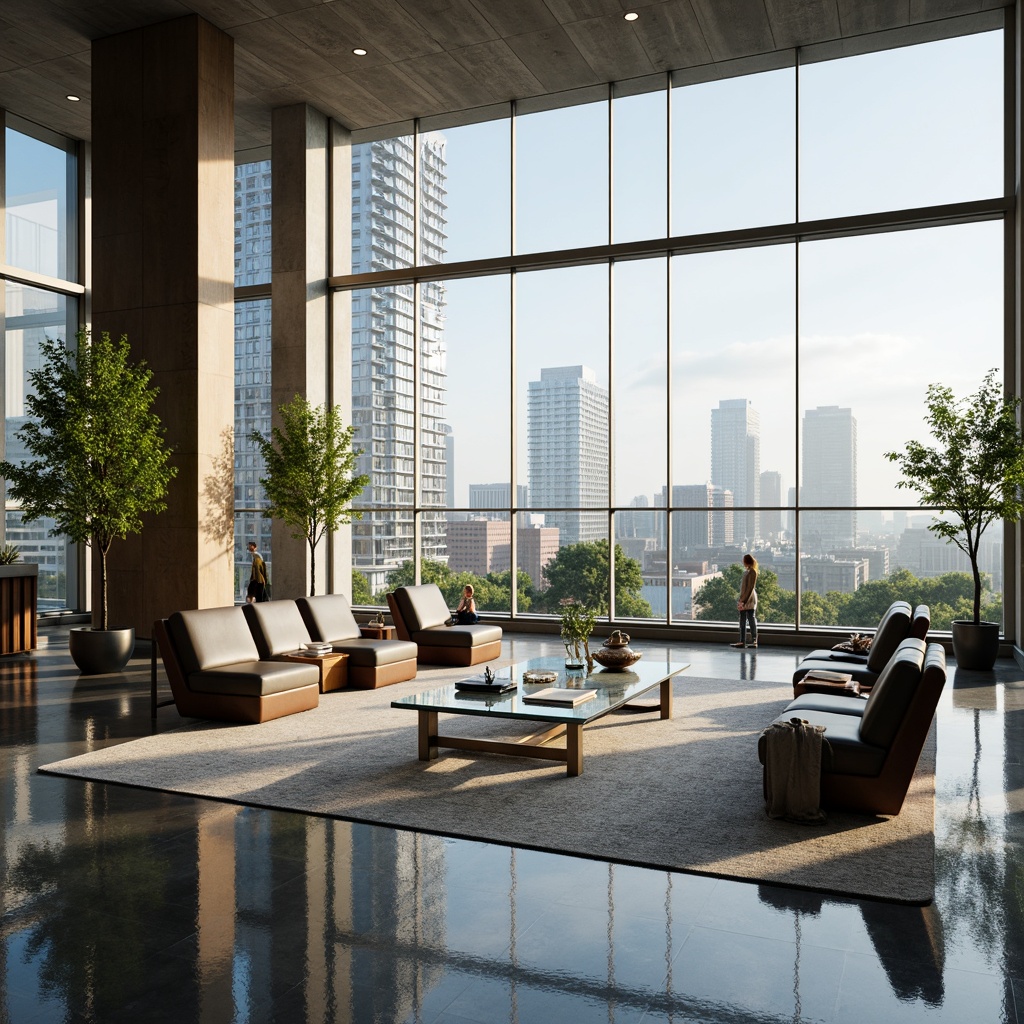 Prompt: Modern luxurious interior, sleek glass accents, minimalist decor, polished metal frames, transparent coffee tables, floor-to-ceiling windows, natural light pouring in, urban cityscape views, high-rise apartments, contemporary furniture, low-pile carpets, soft ambient lighting, 1/2 composition, shallow depth of field, realistic reflections.