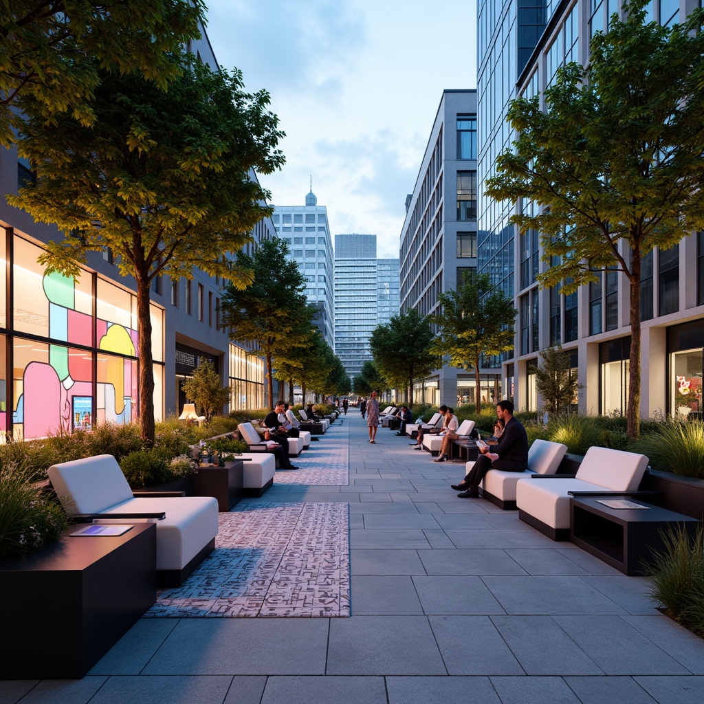 Prompt: Modern public plaza, sleek urban benches, vibrant street art, dynamic LED lighting, futuristic planters, eco-friendly materials, sustainable seating areas, interactive kiosks, minimalist tables, modular sofas, geometric-patterned rugs, abstract sculptures, cityscape views, shallow depth of field, 1/2 composition, realistic textures, ambient occlusion.