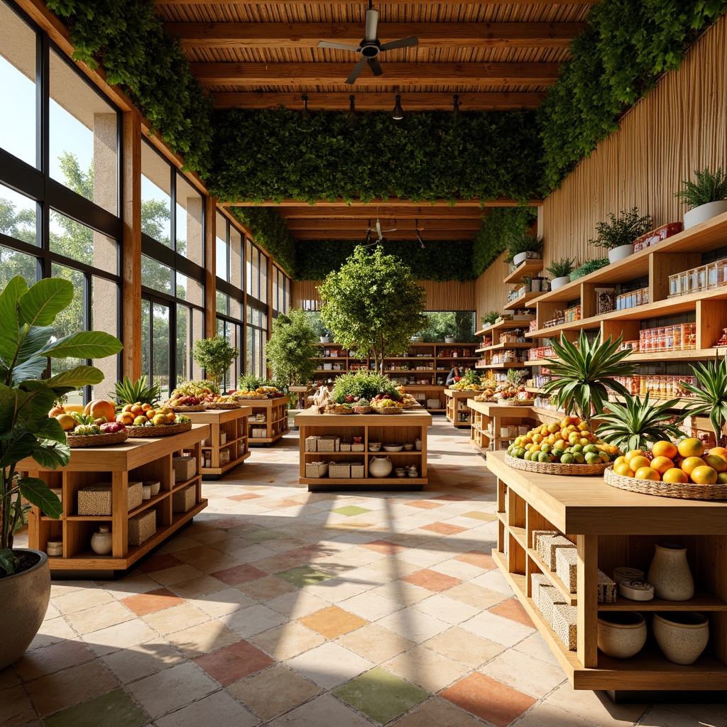 Prompt: Vibrant tropical grocery store, exotic fruit displays, colorful ceramic tiles, natural stone flooring, warm beige tones, rustic wood accents, woven bamboo shelving, lush greenery walls, humid climate-friendly materials, slip-resistant surfaces, easy-to-clean finishes, bright overhead lighting, 1/1 composition, shallow depth of field, realistic textures, ambient occlusion.