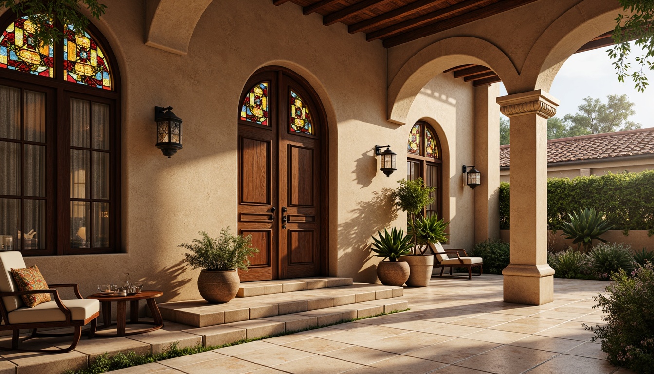 Prompt: Earth-toned exterior walls, rustic stone textures, terracotta roof tiles, stained glass windows, ornate wooden doors, golden accents, intricate carvings, vaulted ceilings, grand archways, soft warm lighting, mystical ambiance, serene atmosphere, natural materials, earthy tones, cultural patterns, traditional ornaments, spiritual symbols, vintage artifacts, distressed finishes, aged patina, warm beige stucco, creamy marble columns.