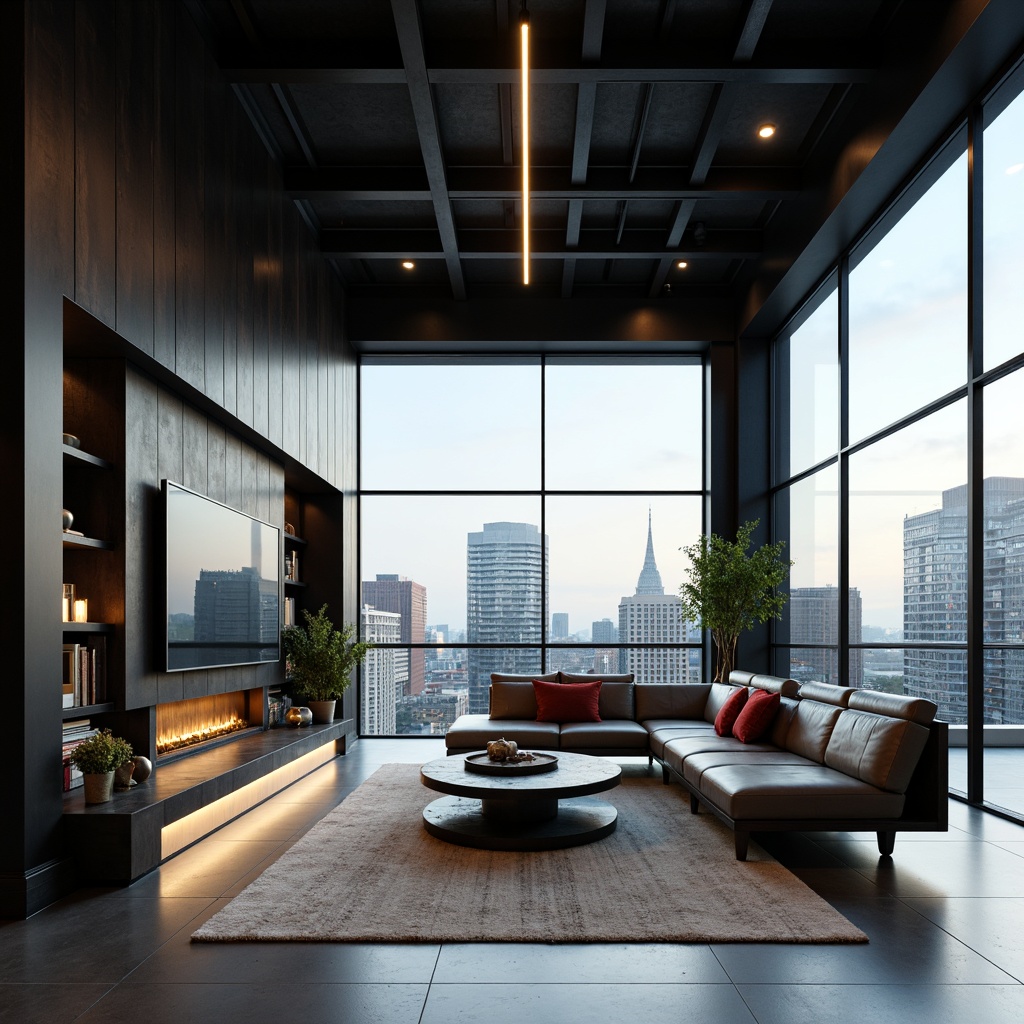 Prompt: Modern living room, sleek lines, minimal decor, floor-to-ceiling windows, urban cityscape views, polished concrete floors, industrial-chic metal beams, recessed lighting, suspended ceiling fixtures, linear pendant lamps, matte black finishes, warm ambient glow, LED strip lights, hidden indirect lighting, 3/4 composition, shallow depth of field, soft focus, realistic textures.