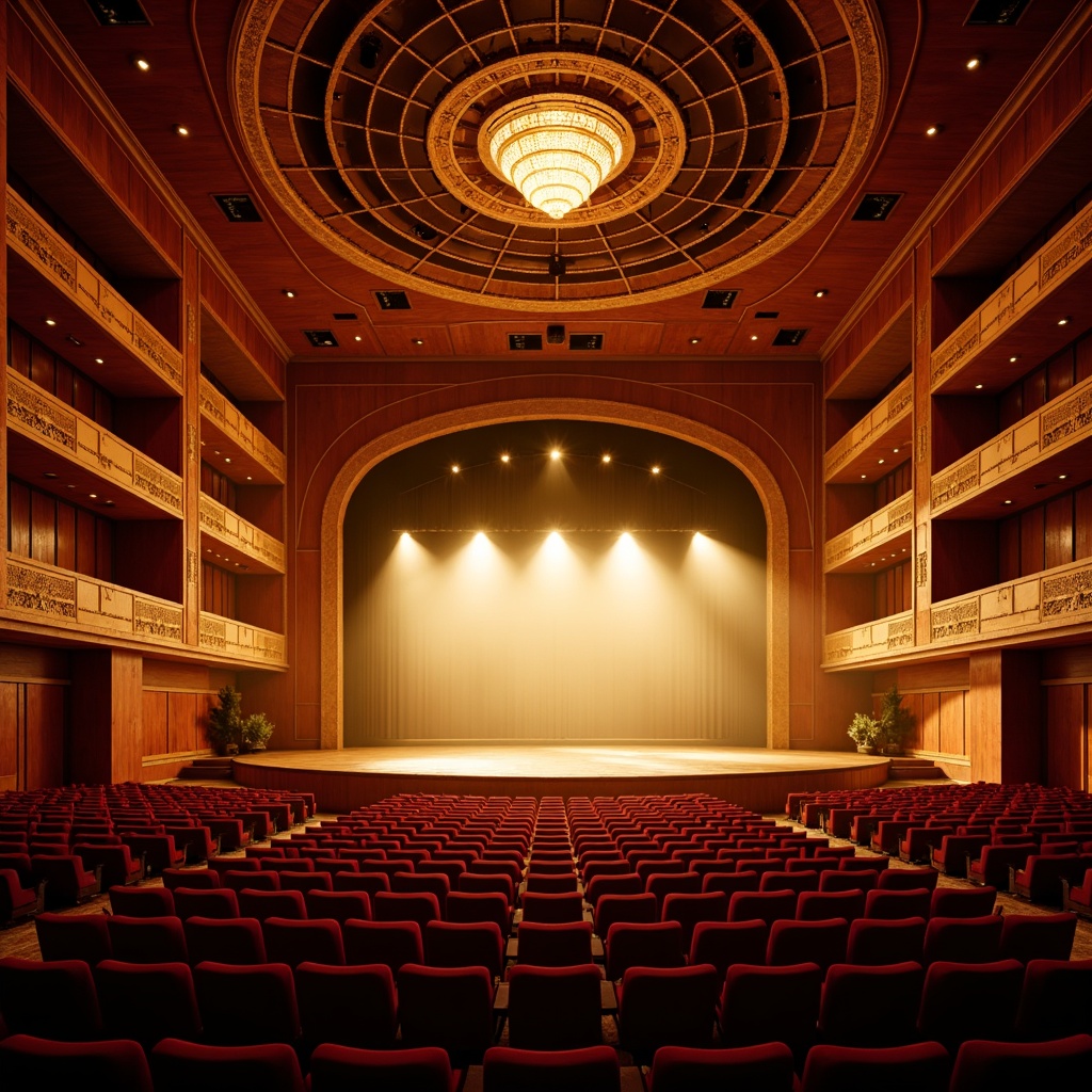 Prompt: Vibrant theater interior, dramatic stage lighting, warm golden tones, rich wood accents, plush red velvet seats, ornate balconies, grand chandeliers, soft warm glow, high contrast ratios, dynamic color temperatures, flexible LED systems, energy-efficient solutions, optimal sightlines, precise beam control, subtle cueing transitions, immersive audience experience, 3-point lighting setup, key light emphasis, sidelight modeling, backlight separation, realistic shadowing, atmospheric fog effects, dramatic spotlighting, cinematic ambiance.