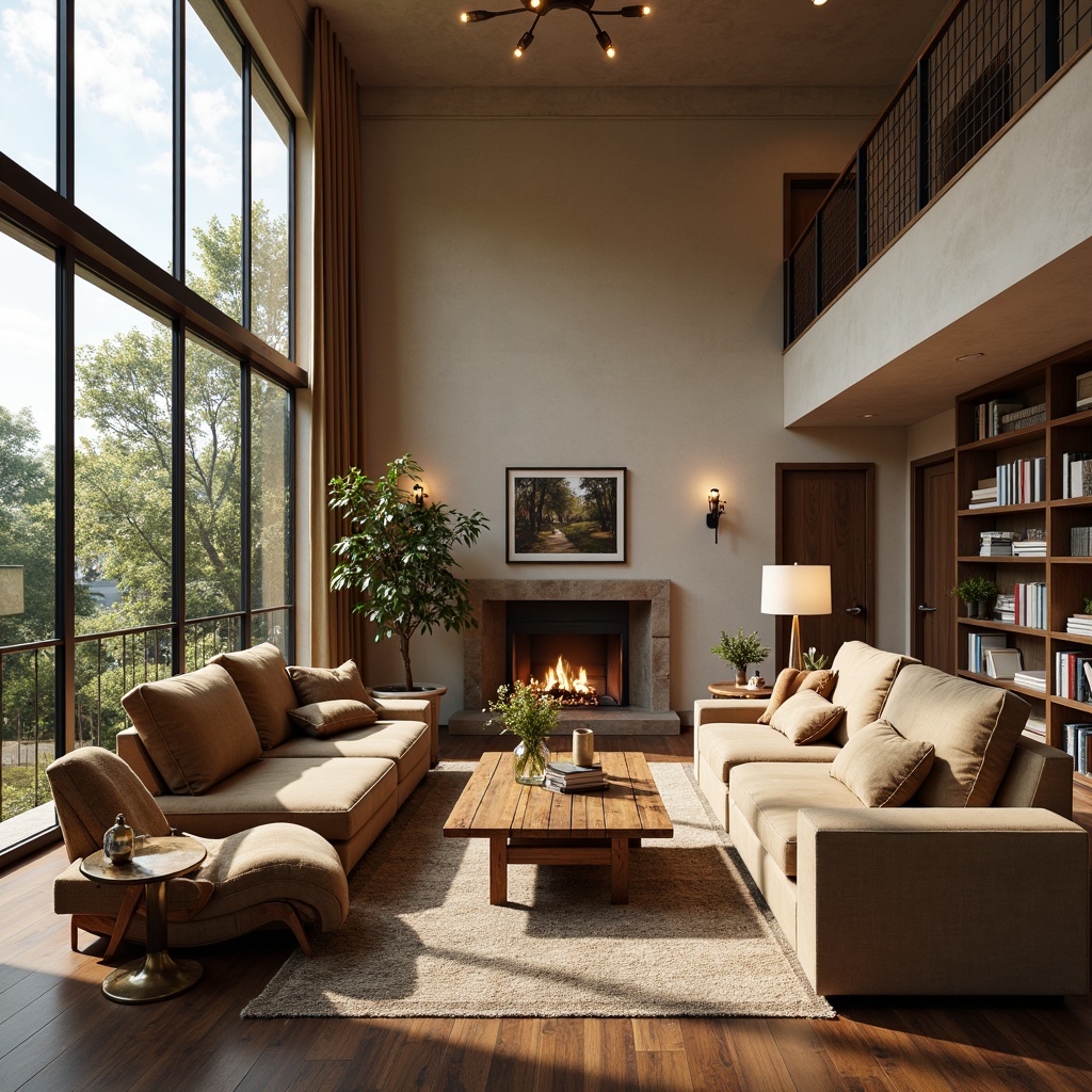 Prompt: Luxurious living room, plush velvet sofas, reclaimed wood coffee tables, metallic accents, ergonomic chairs, soft cushions, adjustable headrests, built-in USB ports, ambient floor lamps, minimalist shelves, natural fiber rugs, earthy color palette, warm beige walls, oversized windows, abundant natural light, cozy reading nooks, 1/2 composition, shallow depth of field, realistic textures.