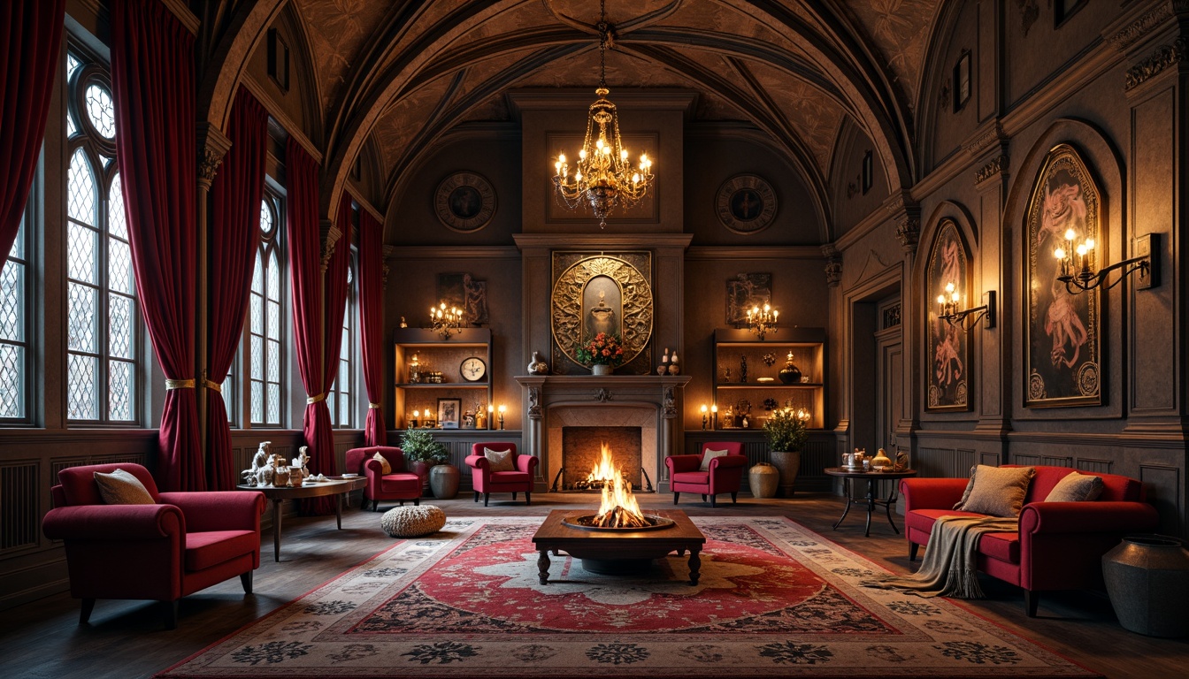 Prompt: Luxurious Gothic interior, rich velvet drapes, intricate stone carvings, mysterious candlelit ambiance, ornate wooden furniture, plush crimson sofas, golden embroidered tapestries, mystical symbol patterns, heavy iron chandeliers, grand vaulted ceilings, somber color palette, warm fire pit, cozy throw blankets, soft sheepskin rugs, lavish silk fabrics, dramatic arched windows, stained glass accents, mysterious alcoves, ancient artifact displays, warm lantern lighting, shallow depth of field, 1/1 composition, realistic textures, ambient occlusion.