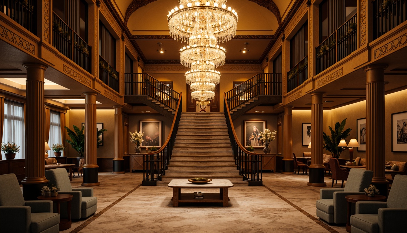 Prompt: Elegant chandelier, ornate metalwork, crystal droplets, warm golden lighting, luxurious fabrics, intricately carved wooden panels, Corinthian columns, grand staircase, high ceilings, marble floors, lavish furnishings, opulent decor, richly textured walls, subtle shadowing, softbox lighting, 1/2 composition, cinematic perspective, realistic reflections.