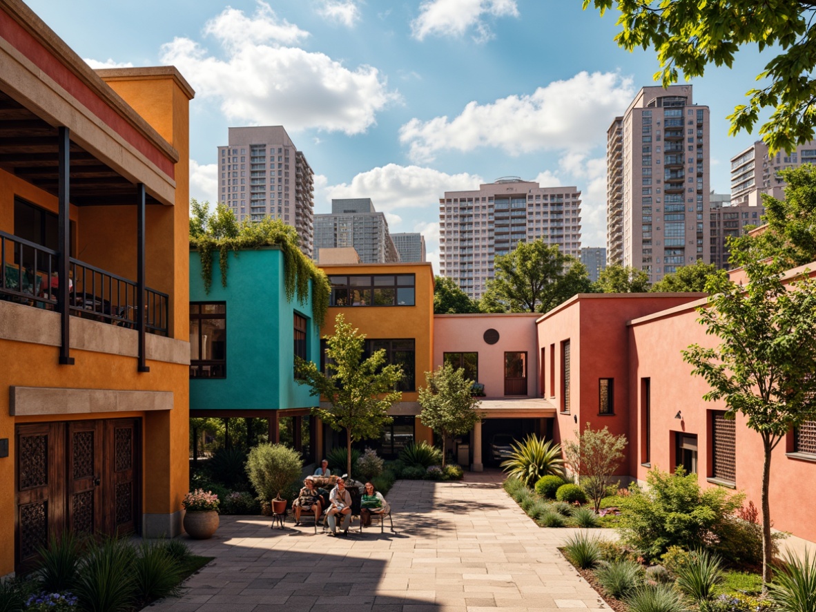 Prompt: Vibrant cultural hub, eclectic architecture, mixed materials, bold color blocking, warm terracotta walls, cool turquoise accents, rich wooden textures, intricate tile patterns, ornate metalwork, lush green roofs, urban cityscape, sunny afternoon, soft diffused lighting, shallow depth of field, 1/2 composition, realistic renderings, ambient occlusion.