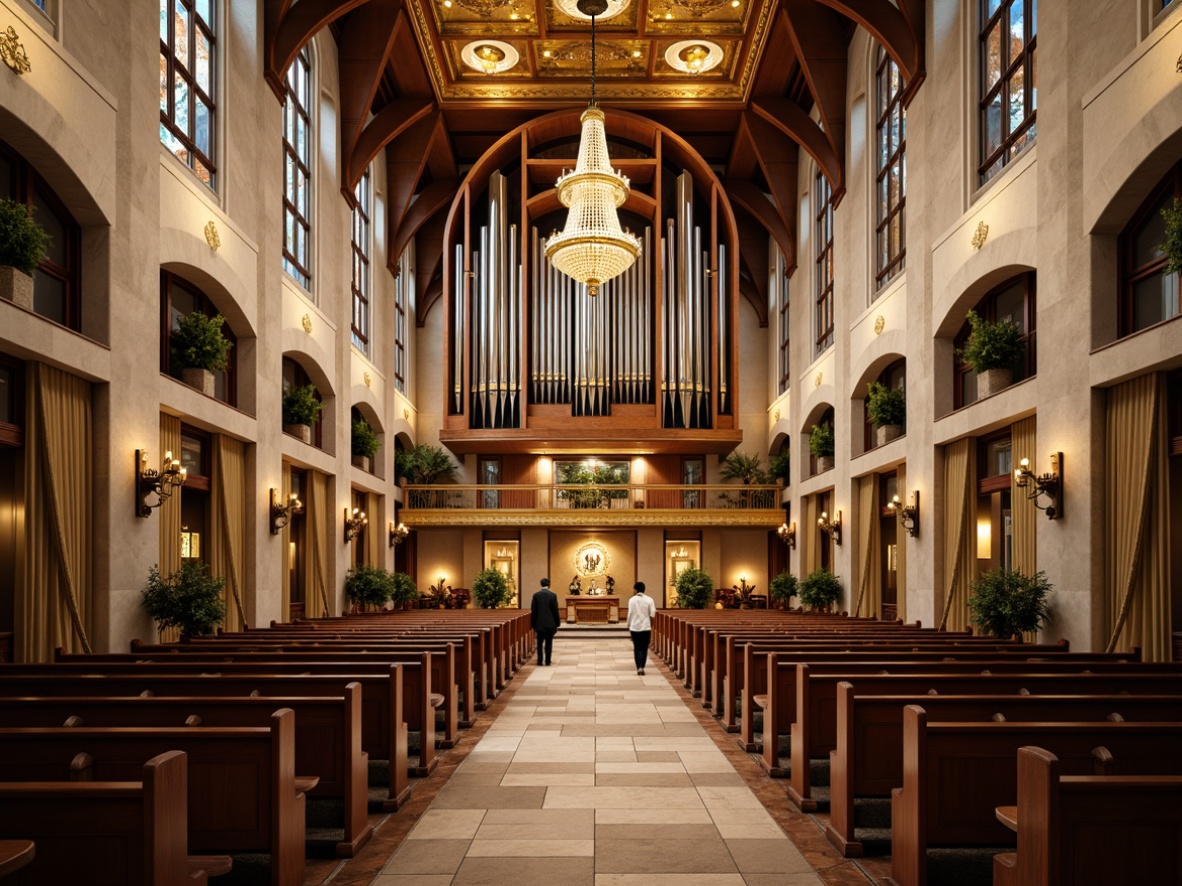 Prompt: Elegant Art Deco church interior, ornate chandeliers, intricate stone carvings, lavish wooden pews, stained glass windows, grand pipe organs, refined acoustic panels, luxurious velvet drapes, golden accents, geometric patterns, symmetrical architecture, high ceilings, soft warm lighting, subtle reverberation, 1/1 composition, realistic textures, ambient occlusion.