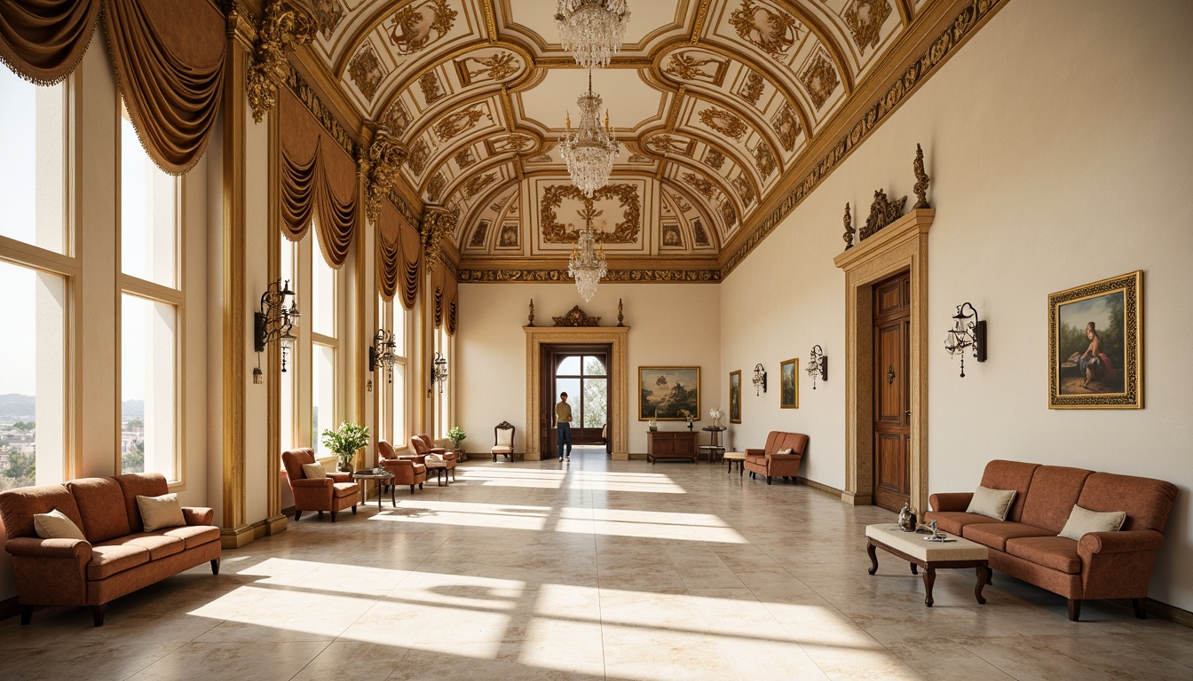 Prompt: Grandiose museum interior, ornate details, Rococo style, golden accents, intricate carvings, curved lines, soft cream walls, marble floors, crystal chandeliers, velvet drapes, luxurious fabrics, gilded frames, antique furniture, subtle lighting, warm beige tones, shallow depth of field, 1/1 composition, realistic textures, ambient occlusion.