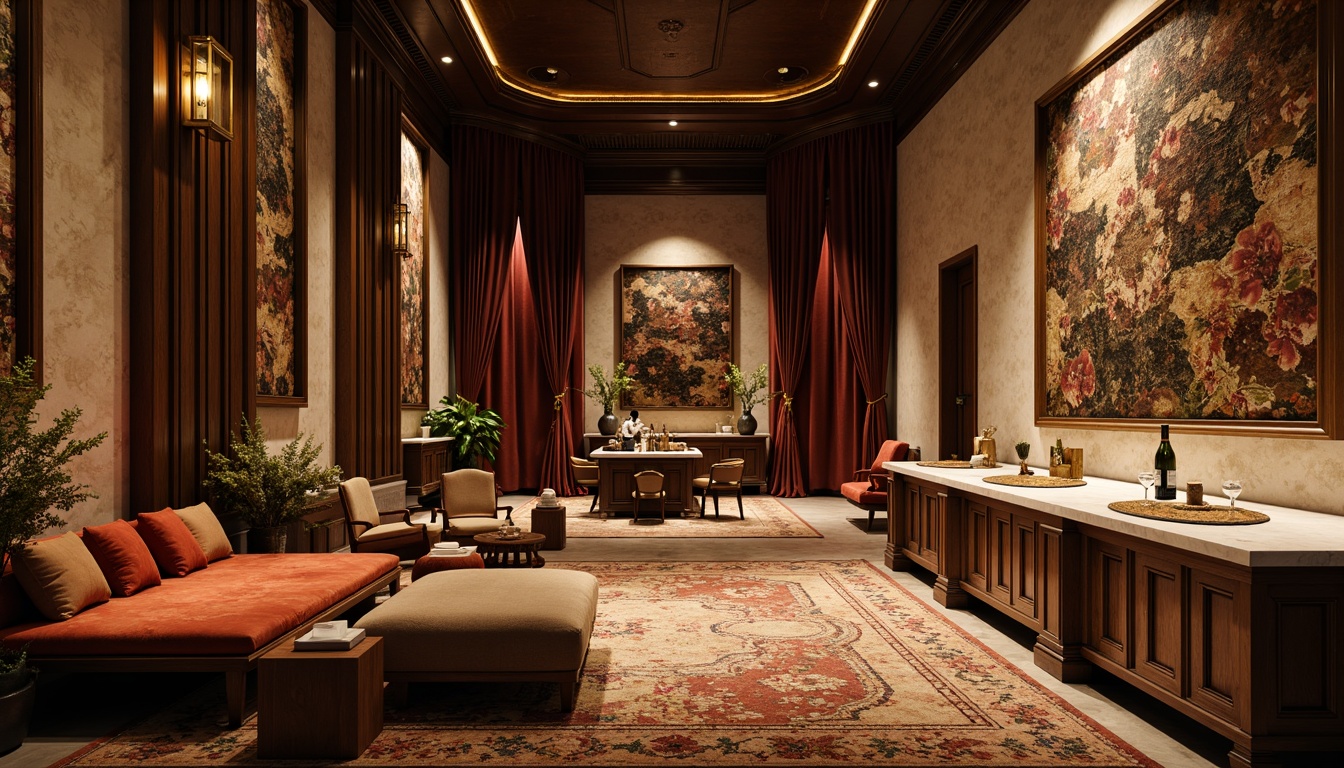 Prompt: Luxurious interior space, rich velvety fabrics, smooth marble countertops, rustic wooden accents, metallic sheen, soft cushioning, intricate patterns, woven textiles, natural stone walls, cozy ambiance, warm golden lighting, shallow depth of field, 1/1 composition, realistic reflections, ambient occlusion.