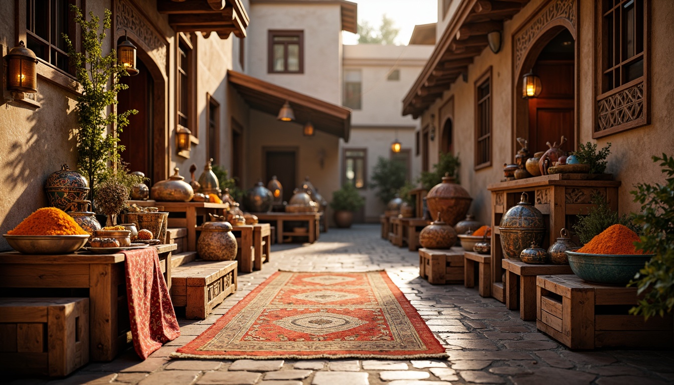 Prompt: Vibrant market scene, traditional Middle Eastern architecture, intricately patterned rugs, worn wooden crates, exotic spices, colorful ceramics, rustic metal lanterns, distressed stonewalls, warm golden lighting, shallow depth of field, 1/1 composition, realistic textures, ambient occlusion, soft focus, atmospheric perspective.