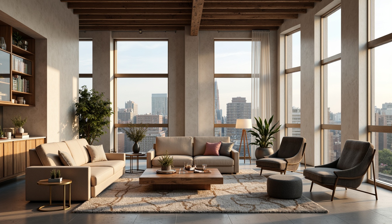 Prompt: Luxurious living room, plush sofas, ergonomic chairs, reclaimed wood coffee tables, metallic accents, ambient floor lamps, soft pastel colors, velvet upholstery, geometric patterns, minimalist decor, cozy throw blankets, natural fiber rugs, airy open spaces, modern industrial architecture, large windows, city skyline views, warm golden lighting, shallow depth of field, 1/1 composition, realistic textures, subtle shading.