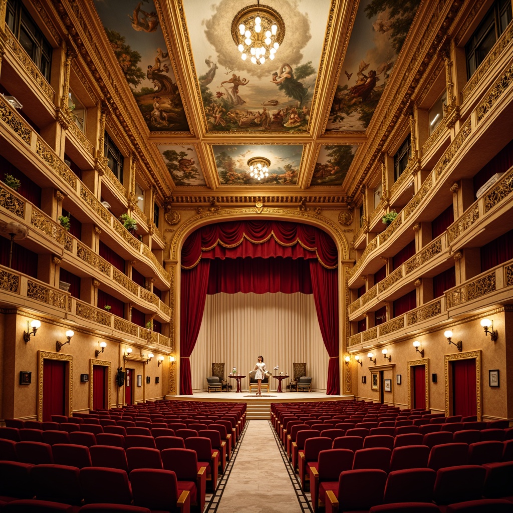 Prompt: Elegant opera house interior, ornate golden balconies, plush red velvet seats, curved rows of seating, grand central aisle, polished marble floors, intricate fresco ceilings, ornamental chandeliers, majestic stage with crimson curtains, Baroque-style architectural details, warm soft lighting, shallow depth of field, 2/3 composition, symmetrical perspective, realistic textures, ambient occlusion.