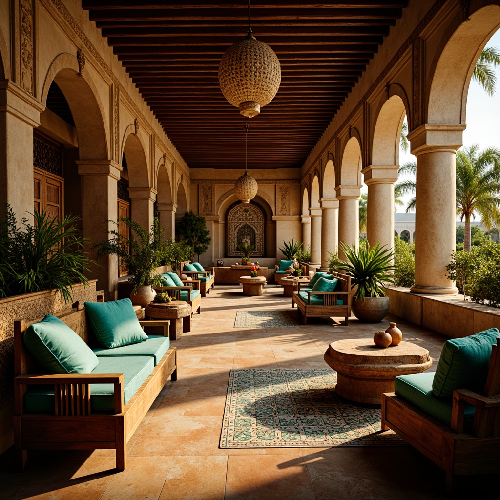 Prompt: Traditional Middle Eastern market interior, warm golden lighting, intricate Islamic patterns, ornate wooden furniture, plush velvet upholstery, vibrant turquoise accents, rustic clay pottery, woven textiles, Moroccan-inspired tiles, lush greenery, natural wood accents, comfortable seating areas, cozy nooks, soft warm colors, shallow depth of field, 1/2 composition, realistic textures, ambient occlusion.