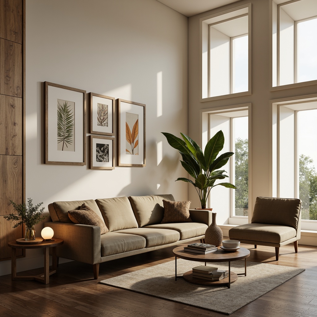 Prompt: Elegant living room, cream-colored walls, dark hardwood floors, minimalist decor, sleek modern furniture, plush velvet sofas, reclaimed wood coffee tables, metallic accents, ambient warm lighting, soft diffused shadows, 1/1 composition, shallow depth of field, realistic textures, cozy atmosphere, natural fabric upholstery, earthy tone color palette, organic shapes, botanical patterns, subtle geometric motifs.