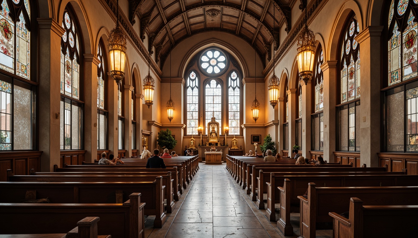 Prompt: Elegant pews, intricately carved wooden accents, stained glass windows, soft warm lighting, calming color palette, ornate altars, sacred relics, lavish chandeliers, refined upholstery, subtle patterns, natural stone flooring, reverent atmosphere, serene ambiance, gentle curves, majestic arches, symmetrical layout, balanced composition, devotional artifacts, spiritual symbols.