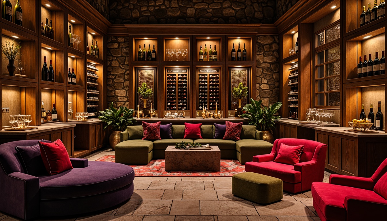 Prompt: Vibrant wine cellar, eclectic style, warm ambiance, rich wood tones, stone walls, dimmable LED lights, floor-to-ceiling shelving, ornate metalwork, distressed finishes, rustic wooden crates, ambient backlighting, soft warm glow, spotlights on wine bottles, subtle color-changing effects, intimate seating areas, plush velvet furnishings, intricate glassware, metallic accents, decorative screens, dramatic cove lighting, luxurious textures, 1/1 composition, low-key natural lighting.