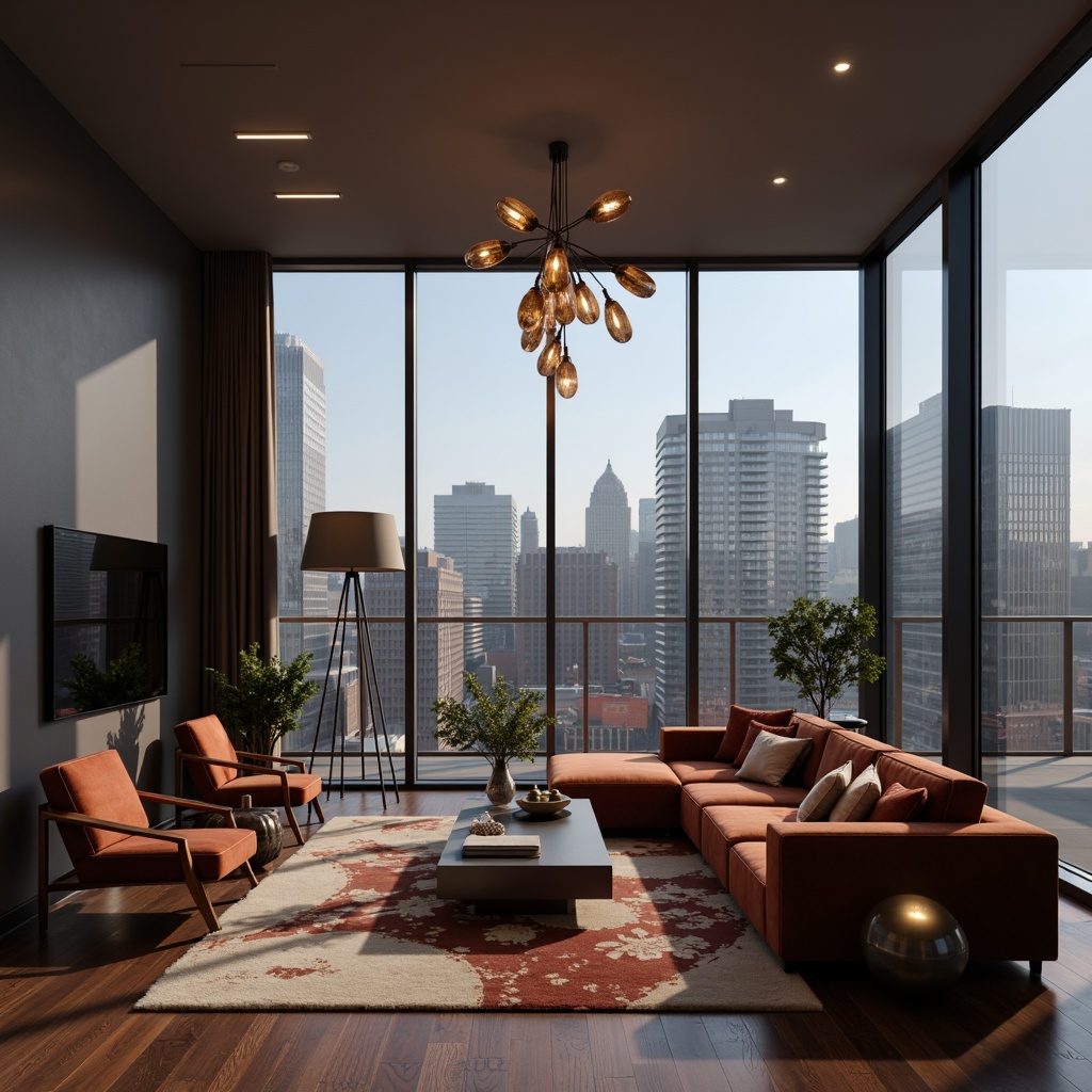 Prompt: Modern living room, sleek low-profile ceiling lights, minimalist pendant lamps, polished chrome finishes, subtle LED strip lighting, textured glass shades, industrial-chic metal accents, luxurious velvet sofas, rich wood flooring, floor-to-ceiling windows, urban cityscape views, soft warm glow, shallow depth of field, 1/1 composition, realistic renderings.