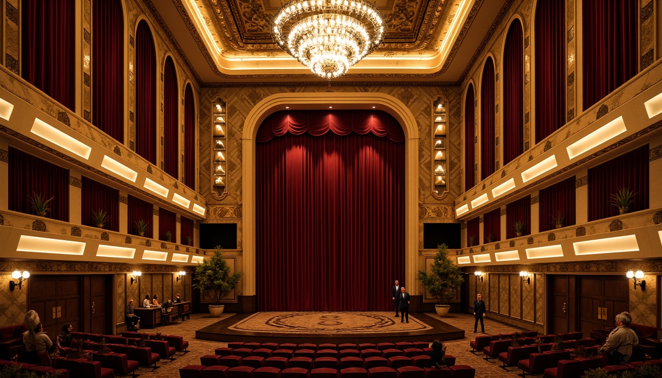 Prompt: Luxurious auditorium, art deco patterned walls, ornate golden accents, rich velvet curtains, acoustic panels with geometric shapes, dark wood trim, polished marble floors, grand chandeliers, plush red seats, intricate moldings, ornamental railings, warm spotlighting, softbox lighting, 1/1 composition, symmetrical framing, realistic textures, ambient occlusion.