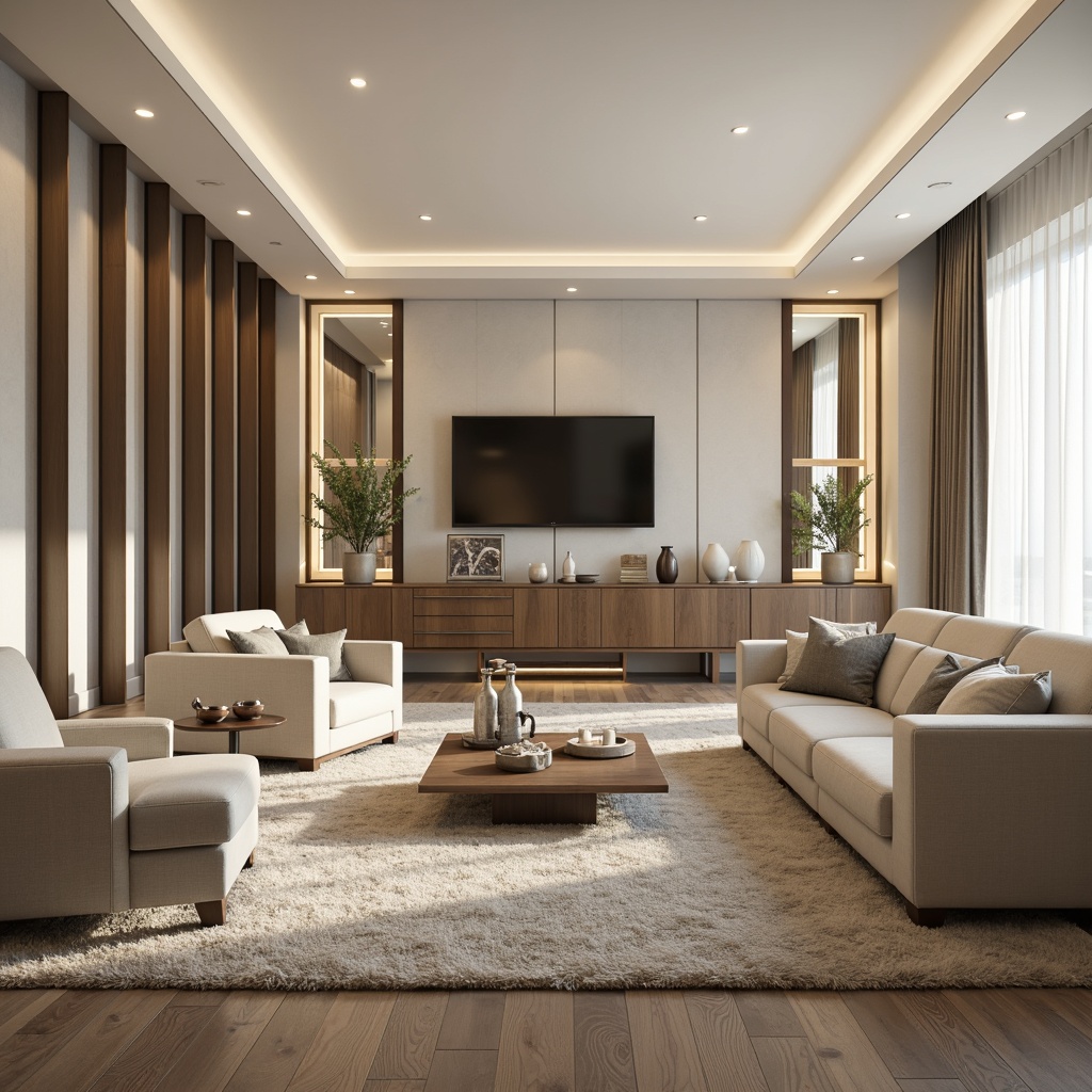 Prompt: Luxurious living room, sleek glass accents, modern minimalist decor, polished metal frames, subtle LED lighting, creamy white walls, plush area rug, low-profile furniture, sophisticated ambiance, warm neutral tones, 1/1 composition, shallow depth of field, soft focus effect, realistic reflections.