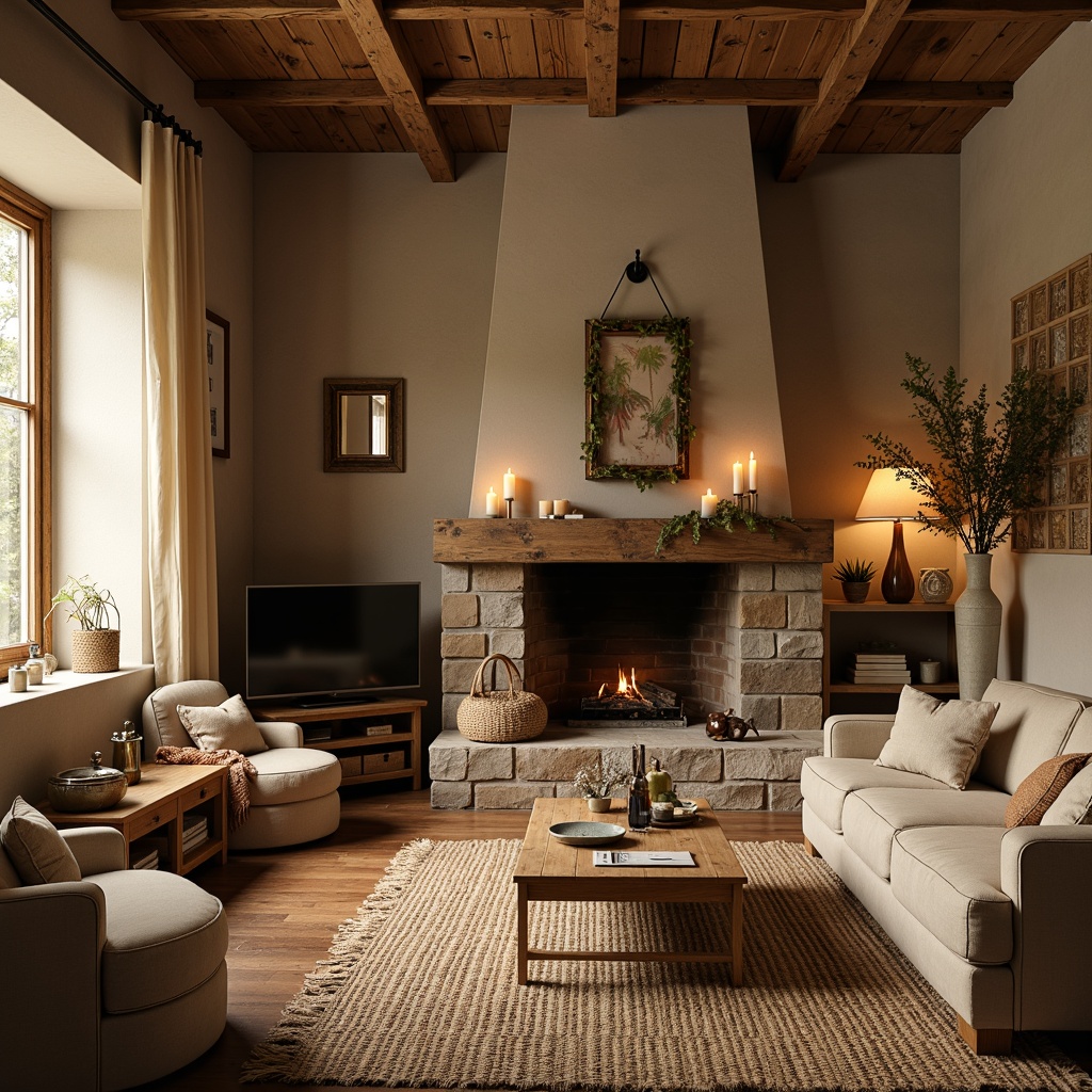 Prompt: Rustic wooden accents, earthy tone walls, warm beige furniture, natural stone fireplaces, vintage metal decorations, distressed wood textures, cozy candle lighting, soft cream curtains, woven jute rugs, nature-inspired patterns, autumnal color scheme, warm golden lighting, shallow depth of field, 2/3 composition, intimate atmosphere.