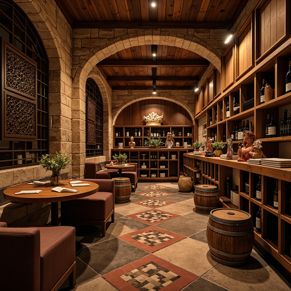 Prompt: Rustic wine cellar, eclectic decor, rich wood tones, ornate metalwork, dim warm lighting, stone walls, brick archways, wooden barrel accents, vintage wine crates, earthy color palette, distressed wood flooring, reclaimed oak planks, dark-stained walnut panels, terracotta tile inlays, soft plush area rugs, Moroccan-inspired geometric patterns, warm ambient glow, shallow depth of field, 1/1 composition, realistic textures.