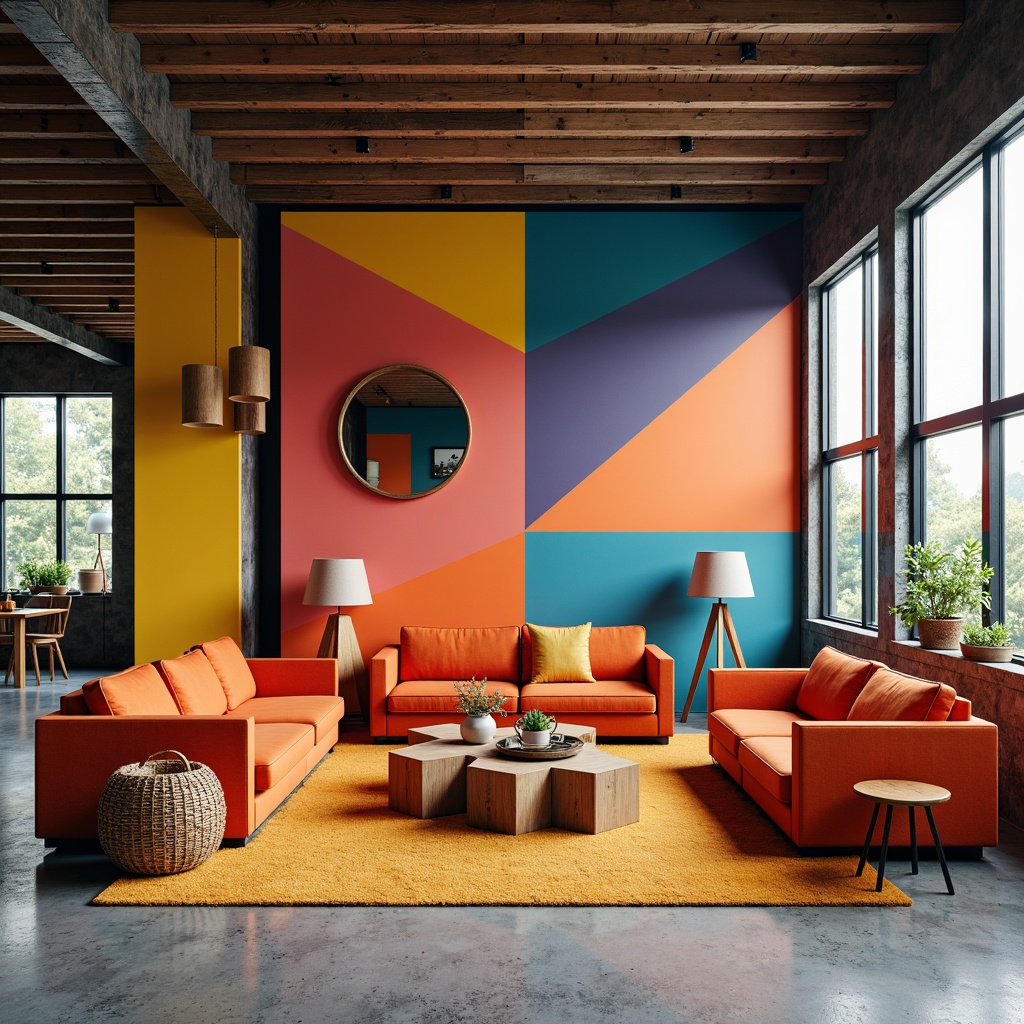 Prompt: Vibrant living room, bold geometric patterns, hexagonal coffee tables, triangular floor lamps, circular mirrors, rectangular sofas, angular wooden chairs, minimal ornamentation, primary color scheme, industrial materials, exposed brick walls, polished concrete floors, large windows, natural light, soft shadows, 1/1 composition, atmospheric perspective, realistic textures, subtle ambient occlusion.