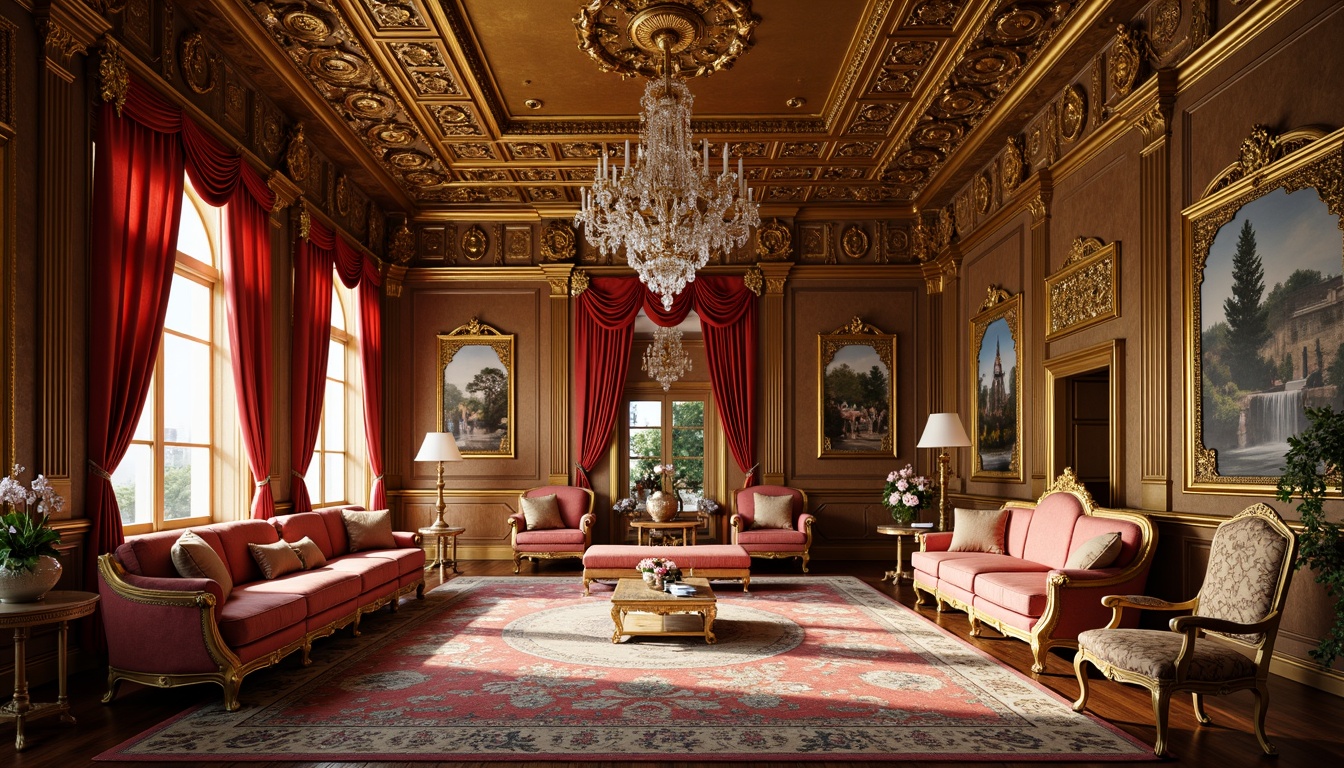 Prompt: Opulent palace interior, lavish furnishings, intricate gold filigree, plush velvet fabrics, soft silk drapes, ornate carved wooden panels, gilded mirrors, crystal chandeliers, delicate porcelain vases, richly patterned rugs, vibrant colorful tapestries, luxurious satin upholstery, Rococo-inspired curved lines, dramatic coved ceilings, warm golden lighting, shallow depth of field, 1/1 composition, intimate close-up shots, realistic fabric textures, ambient occlusion.