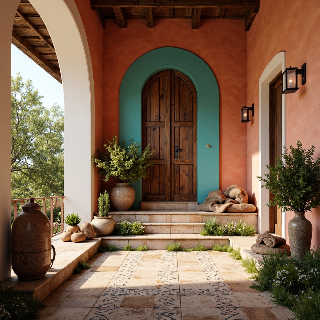 Prompt: Warm terracotta walls, soft creamy whites, rich turquoise accents, earthy sienna tones, weathered wood textures, natural linen fabrics, distressed stone flooring, ornate metalwork details, lush greenery patterns, vibrant ceramic tiles, rustic clay pottery, sunny warm lighting, shallow depth of field, 1/1 composition, realistic renderings, ambient occlusion.