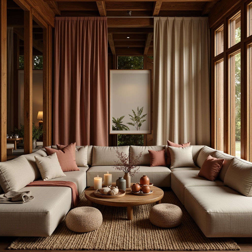 Prompt: Luxurious velvet fabrics, soft plush cushions, warm woven blankets, elegant silk drapes, refined linen upholstery, tactile corduroy pillows, natural jute rugs, earthy terracotta ceramics, rustic wooden accents, cozy candlelight ambiance, intimate seating areas, serene botanical prints, soothing pastel hues, gentle texture contrasts, inviting atmospheric lighting, 1/1 composition, warm color palette, soft focus effect.