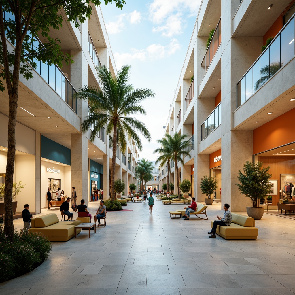 Prompt: Vibrant shopping mall, soft pastel colors, warm beige tones, calming blue hues, energetic orange accents, sleek modern architecture, high ceilings, natural light, polished marble floors, stainless steel railings, lush greenery, tropical plants, comfortable seating areas, atmospheric lighting, shallow depth of field, 3/4 composition, realistic textures, ambient occlusion.