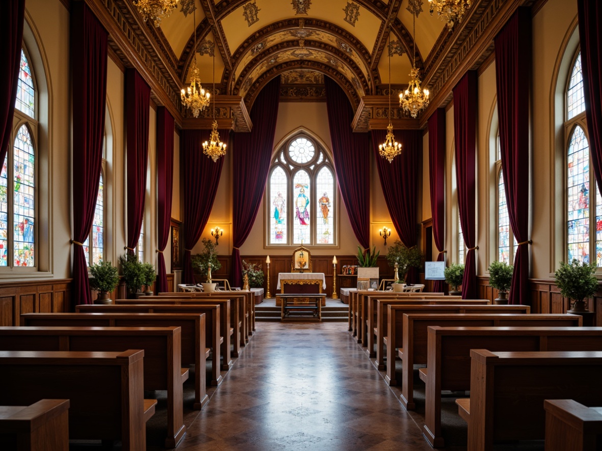 Prompt: Elegant chapel interior, wooden pews, ornate altarpieces, stained glass windows, velvet drapes, golden chandeliers, intricate carvings, sacred symbols, comfortable cushions, traditional furniture styles, warm ambient lighting, soft shadows, shallow depth of field, 1/2 composition, realistic textures, subtle reflections.