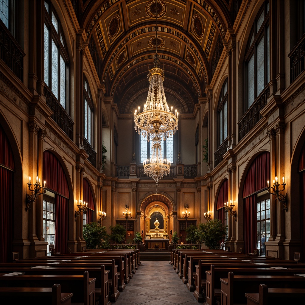 Prompt: Grand cathedral ceiling, ornate chandeliers, crystal droplets, intricate metalwork, dark wood accents, rich velvet drapes, mysterious shadows, warm golden lighting, candle-like sconces, stained glass windows, majestic arches, dramatic vaulted ceilings, luxurious furnishings, regal atmosphere, mystical ambiance, soft box lighting, subtle color temperature, 1/2 composition, symmetrical framing, realistic material textures, ambient occlusion.