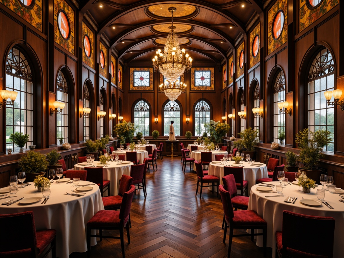 Prompt: Ornate dining hall, curved lines, organic forms, flowing patterns, botanical motifs, sinuous shapes, stained glass windows, wooden paneling, intricate carvings, velvet upholstery, ornamental metalwork, crystal chandeliers, rich textiles, luxurious fabrics, warm golden lighting, shallow depth of field, 2/3 composition, symmetrical arrangement, realistic reflections, ambient occlusion.