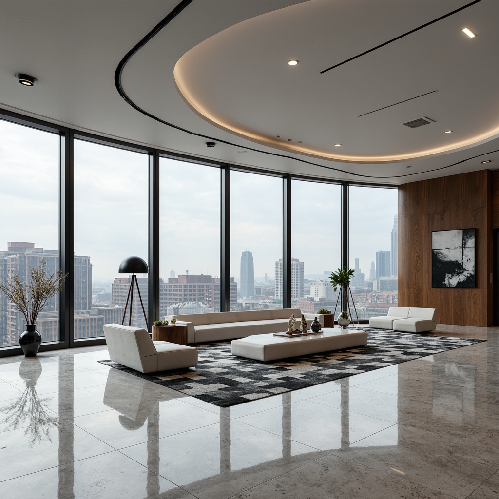 Prompt: Curved lines, minimalist decor, monochromatic color scheme, polished chrome accents, luxurious marble floors, sleek low-profile furniture, geometric patterned rugs, floor-to-ceiling windows, urban city views, modern abstract artwork, indirect ambient lighting, 1/1 composition, shallow depth of field, soft focus blur, realistic reflections.