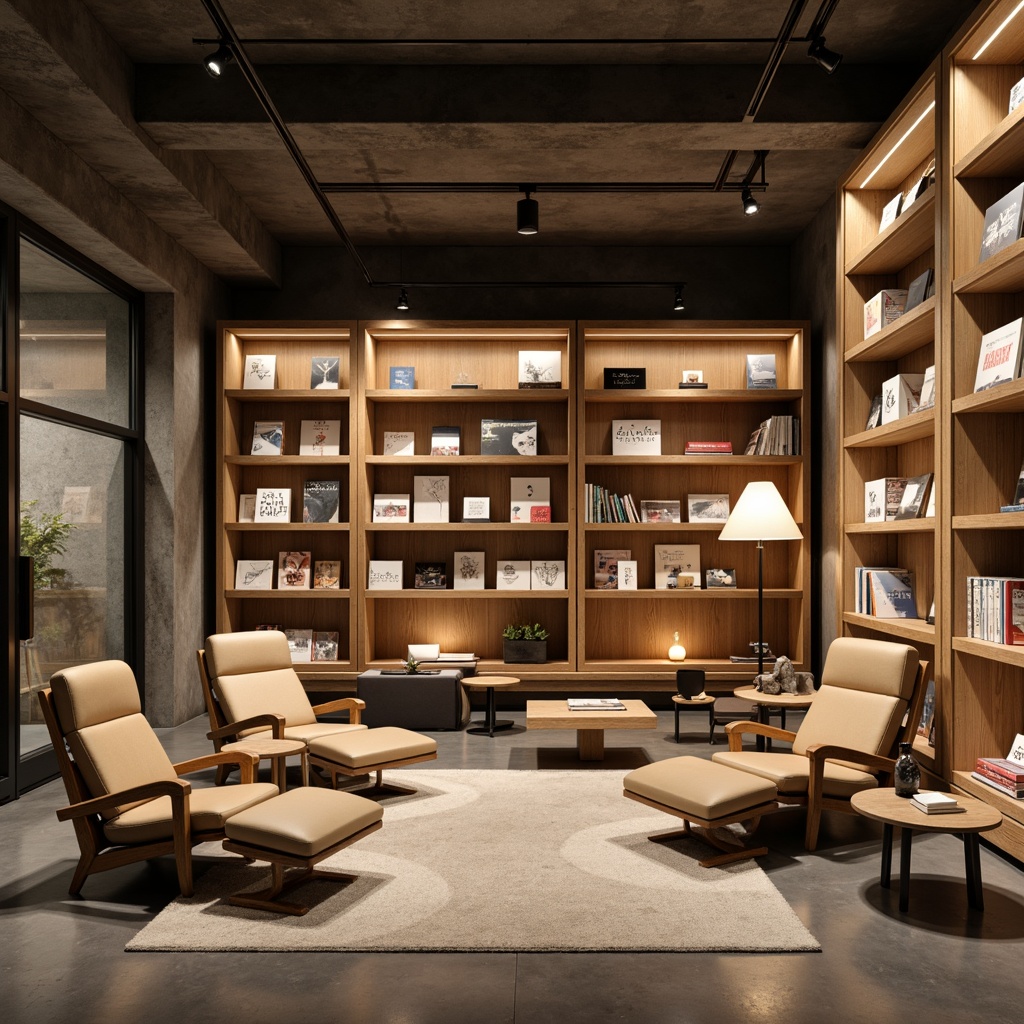 Prompt: Minimalist bookstore, wooden shelves, soft warm lighting, cozy reading nooks, comfortable armchairs, floor lamps, table lamps, neutral color palette, natural materials, concrete floors, industrial chic decor, reclaimed wood accents, metal beams, modern simplicity, calming atmosphere, subtle shadows, 1/1 composition, realistic textures, ambient occlusion.