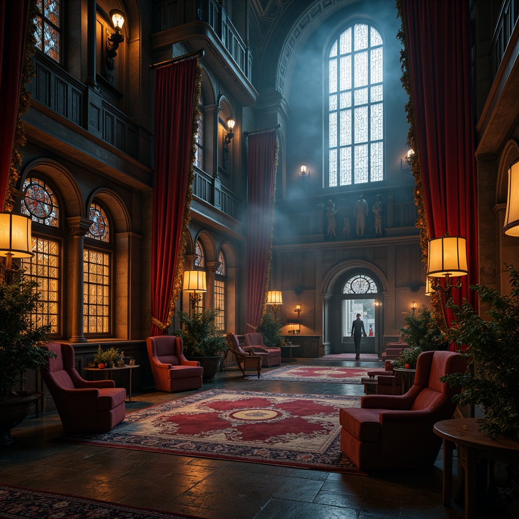 Prompt: Luxurious gothic interior, rich velvet drapes, ornate wooden furniture, mystical cryptic symbols, mysterious lanterns, dim warm lighting, plush area rugs, comfortable oversized armchairs, intricate stone carvings, grandiose high ceilings, stained glass windows, opulent tapestries, mystical ancient artifacts, eerie atmospheric fog, dramatic shadows, cinematic 3/4 composition, low-key lighting, realistic textures, ambient occlusion.