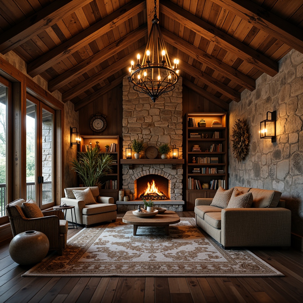 Prompt: Rustic cabin, wooden beams, vintage lanterns, metal chandeliers, distressed finishes, earthy tones, natural textures, stone walls, reclaimed wood accents, warm candlelight, soft glowing embers, cozy reading nooks, plush furnishings, nature-inspired patterns, organic shapes, warm color palette, rustic metalwork, industrial elements, Edison bulb fixtures, wrought iron details, warm ambient lighting, 1/2 composition, shallow depth of field, realistic textures.