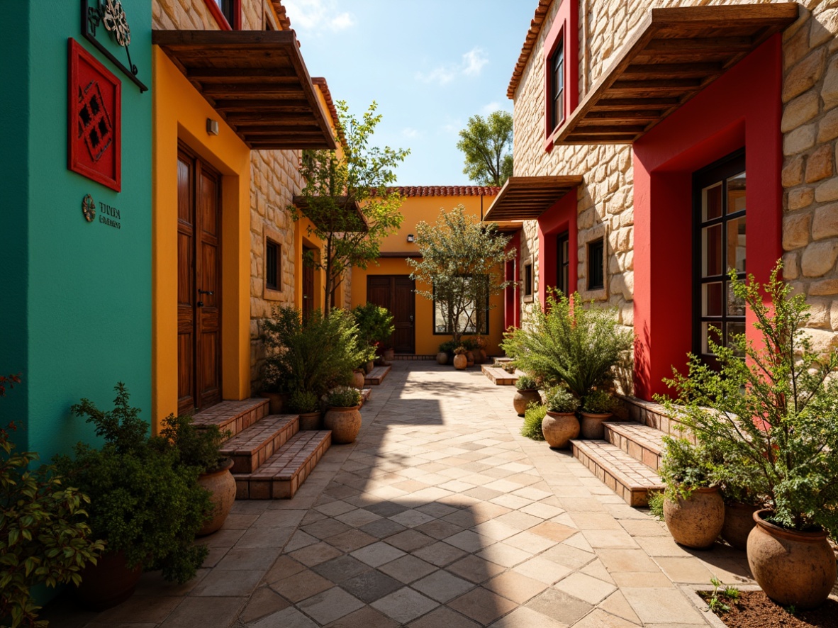 Prompt: Vibrant cultural hub, eclectic architectural style, warm earthy tones, rich turquoise accents, bold crimson highlights, natural stone walls, wooden accents, colorful textiles, intricate tile work, ornate metal fixtures, lush greenery, overflowing planters, warm golden lighting, shallow depth of field, 1/1 composition, realistic textures, ambient occlusion.