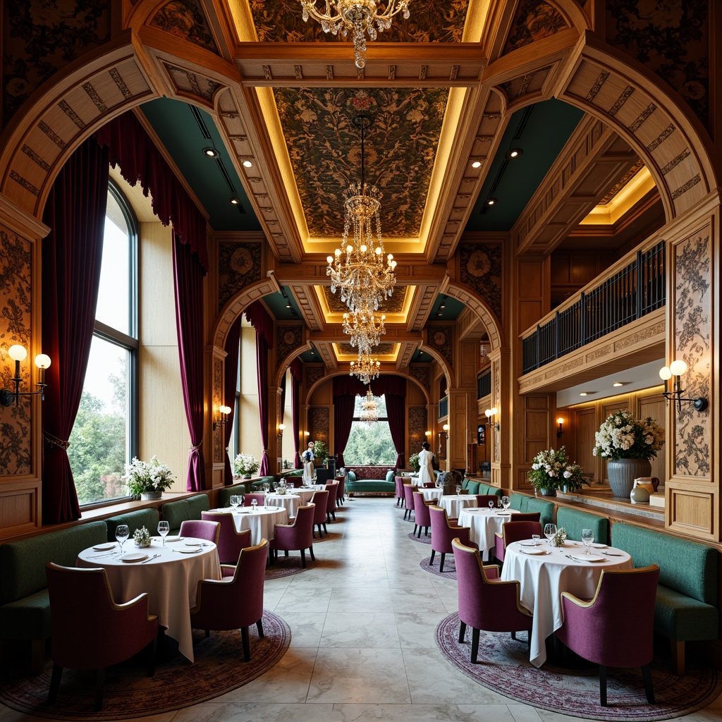 Prompt: Opulent dining hall, ornate wooden paneling, curved lines, flowing organic forms, rich jewel-toned color palette, emerald green, sapphire blue, amethyst purple, golden accents, intricate stenciling, florid patterns, natural materials, marble floors, velvet drapes, lavish chandeliers, warm candlelight, soft focus, shallow depth of field, 1/2 composition, elegant furnishings, luxurious fabrics, sophisticated ambiance.