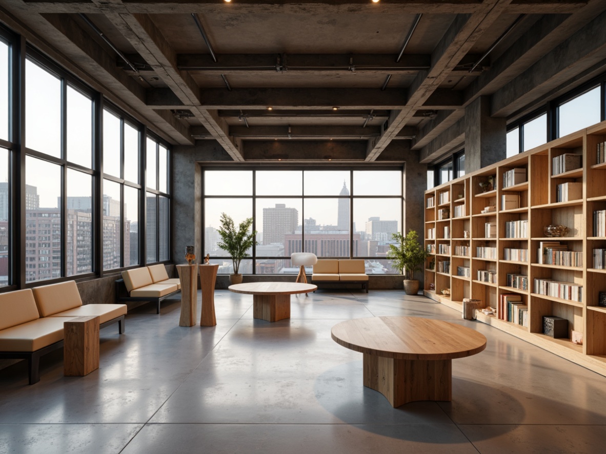 Prompt: Minimalist bookstore interior, sleek wooden shelves, sparse book arrangement, neutral color palette, soft warm lighting, industrial metal beams, polished concrete floors, geometric-shaped tables, simple chairs, floor-to-ceiling windows, urban city view, subtle textures, ambient occlusion, 1/1 composition, realistic render.