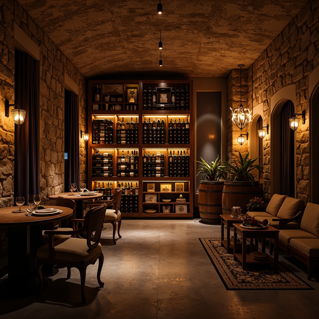 Prompt: Dimly lit wine cellar, eclectic style, rustic wooden crates, vintage wine barrels, ornate metal racks, soft warm glow, LED strip lighting, ambient indirect illumination, dramatic spotlights, luxurious velvet drapes, rich wood tones, distressed stone walls, arched ceilings, intimate seating areas, lavish chandeliers, crystal glassware, wine-themed decorative accents, old-world charm, mystical atmosphere, warm golden hues, subtle shadows, 1/1 composition, realistic textures, cinematic lighting effects.