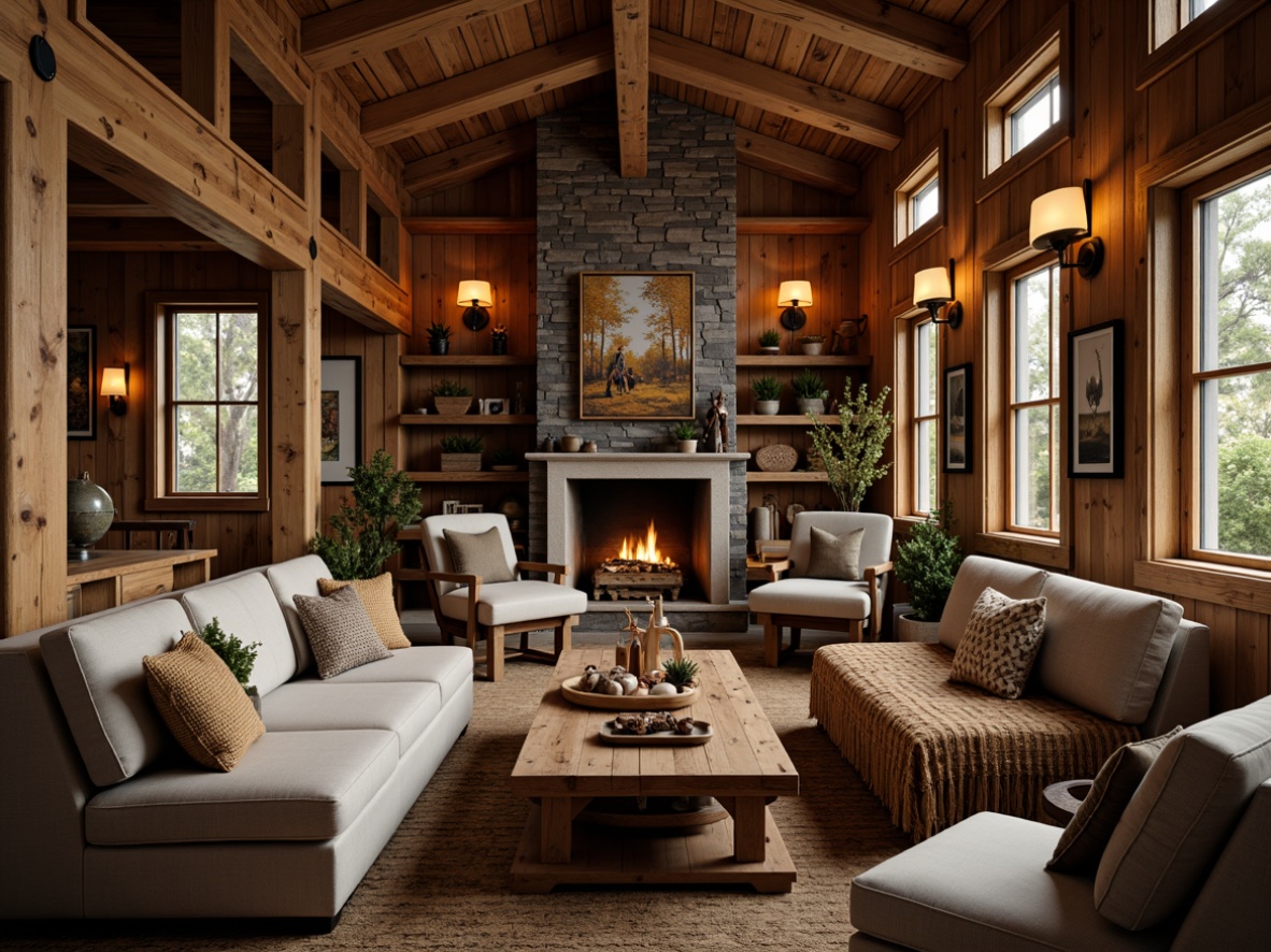 Prompt: Rustic cabin, wooden accents, natural textures, earthy tones, vintage decorations, distressed finishes, plush upholstery, woven baskets, pinecone details, lantern lighting, stone fireplaces, reclaimed wood walls, cozy throw blankets, nature-inspired artwork, warm golden lighting, shallow depth of field, 1/1 composition, realistic textures, ambient occlusion.