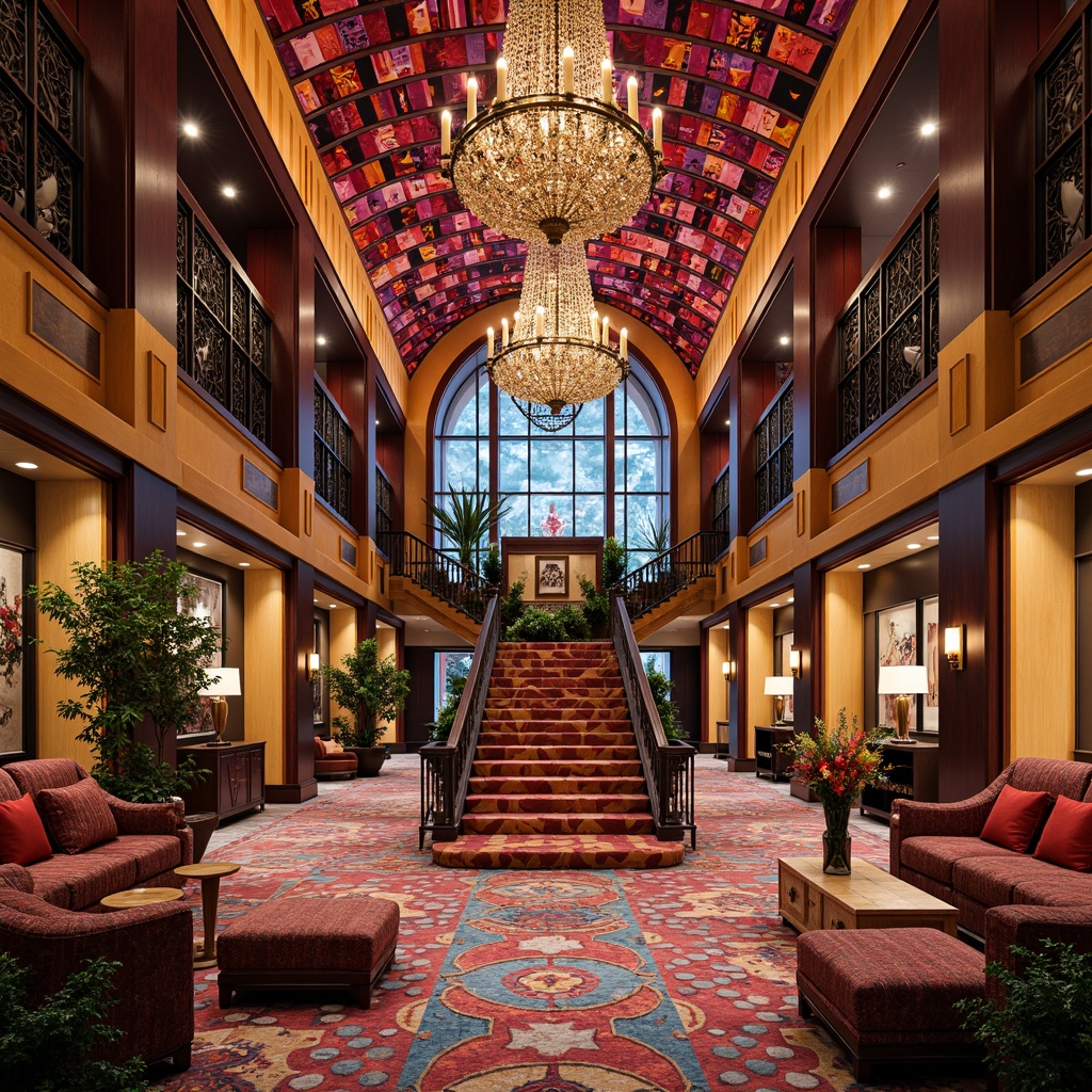 Prompt: Vibrant hotel lobby, grand staircase, lavish chandeliers, ornate furnishings, eclectic artwork, bold color schemes, luxurious textiles, intricate patterns, opulent materials, dramatic lighting effects, warm atmospheric ambiance, elegant curved lines, whimsical decorative accents, oversized furniture pieces, statement walls, lavish amenities, extravagant architectural details, 1/1 composition, shallow depth of field, soft focus, cinematic lighting.