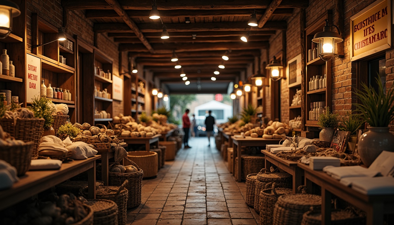 Prompt: Warm market atmosphere, traditional style, earthy tones, rustic wooden accents, vintage signage, distressed brick walls, lantern-style lighting, woven baskets, natural fabrics, earthy scent, soft warm glow, shallow depth of field, 1/2 composition, realistic textures, ambient occlusion.Let me know if this meets your requirements!