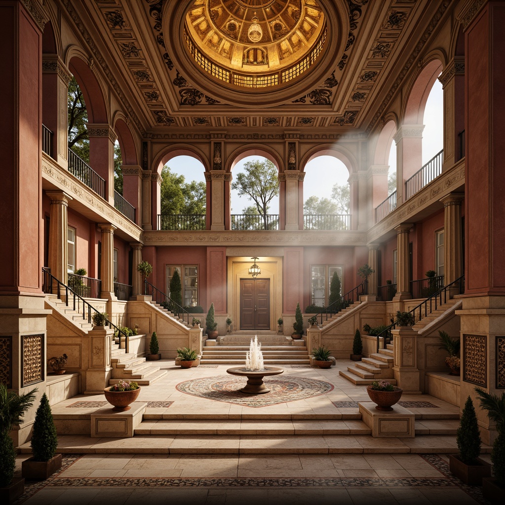 Prompt: Grand amphitheater, sweeping arches, ornate columns, intricate stone carvings, lavish fountains, vibrant mosaic patterns, tiered seating, ornamental railings, majestic entranceways, grandiose staircases, luxurious fabrics, ambient lighting, warm golden hues, shallow depth of field, 1/1 composition, symmetrical layout, realistic textures, atmospheric fog effect.