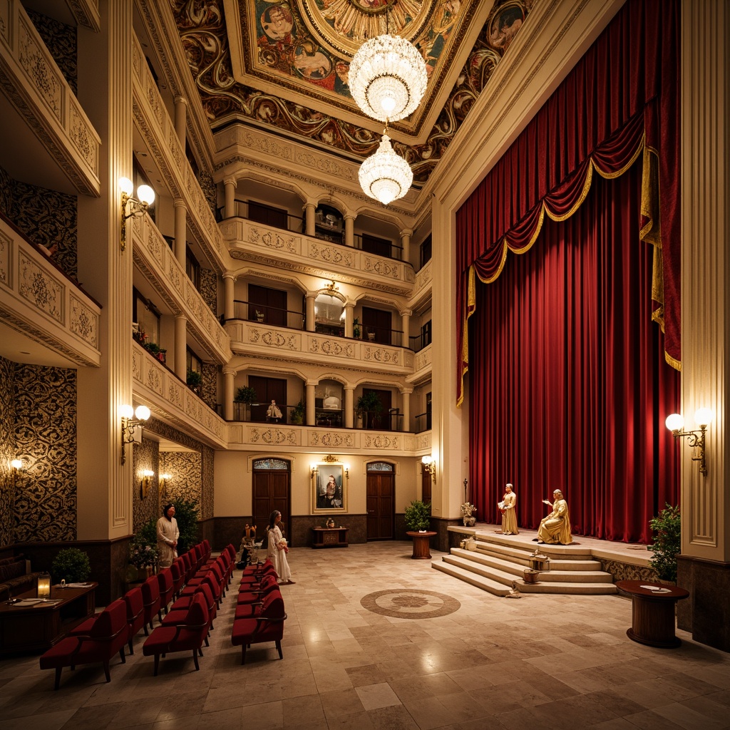 Prompt: \Grand opera house interior, ornate chandeliers, rich velvet curtains, polished marble floors, intricate mosaic patterns, gilded mirrors, decorative frescoes, plush red seats, ornamental balconies, lavish golden accents, dramatic staircase, warm soft lighting, shallow depth of field, 1/1 composition, realistic textures, ambient occlusion, Mediterranean-inspired color palette, warm beige walls, dark wood paneling, luxurious fabrics, intricate carvings, ornate metalwork.\