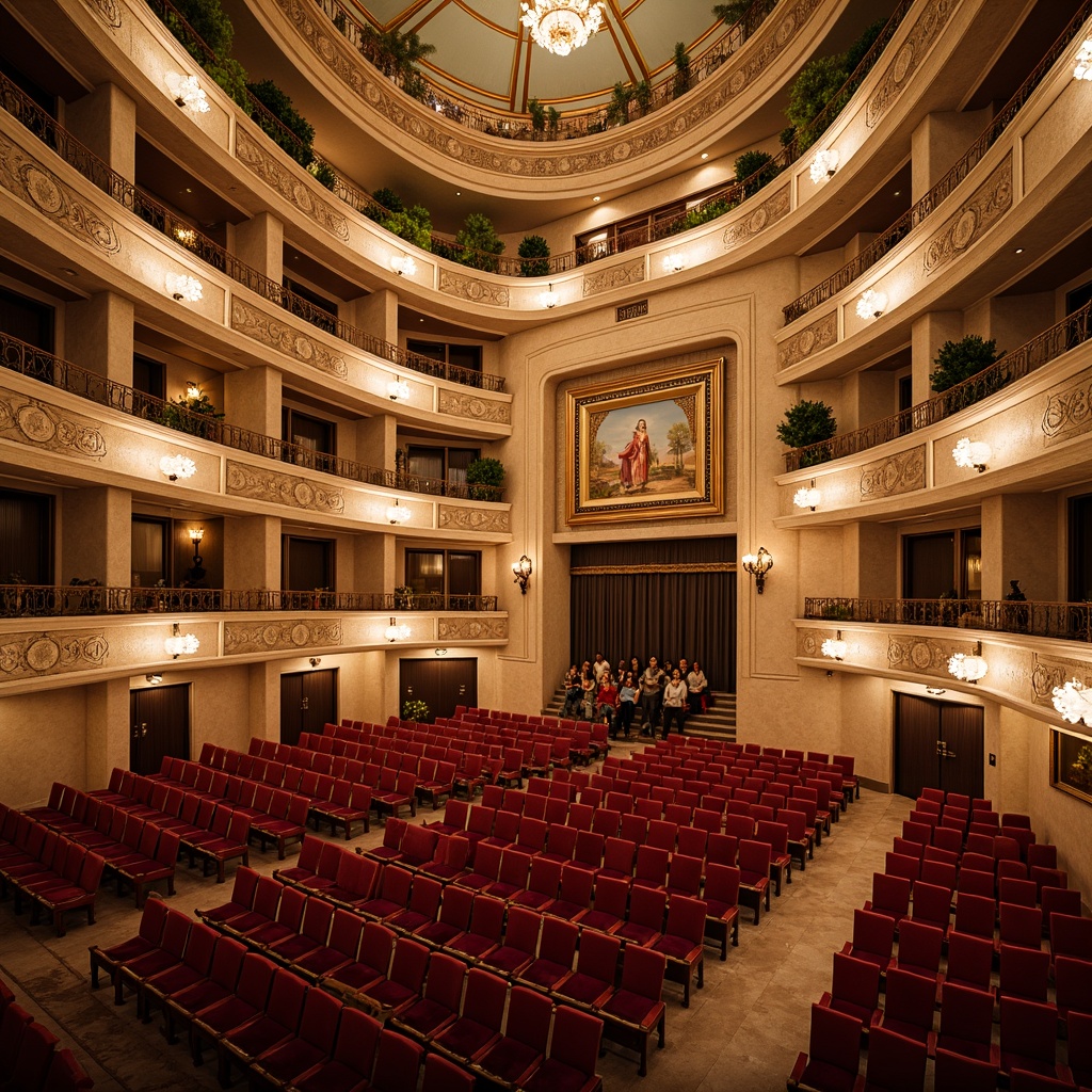 Prompt: Elegant opera house interior, ornate balconies, red velvet seats, gilded moldings, grand chandeliers, sweeping staircases, intricate frescoes, Mediterranean-inspired architecture, warm beige stone walls, ornamental ironwork, lavish drapery, soft golden lighting, shallow depth of field, 1/1 composition, intimate atmosphere, realistic textures, ambient occlusion.