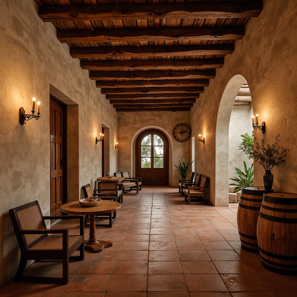 Prompt: Rustic winery interior, Mediterranean-style decor, reclaimed wooden beams, natural stone walls, earthy tone color palette, terracotta flooring, woven wicker furniture, vintage wine barrels, curved archways, ornate ironwork, distressed wood accents, ambient warm lighting, soft candlelight, 1/1 composition, intimate atmosphere, realistic textures, subtle shading.